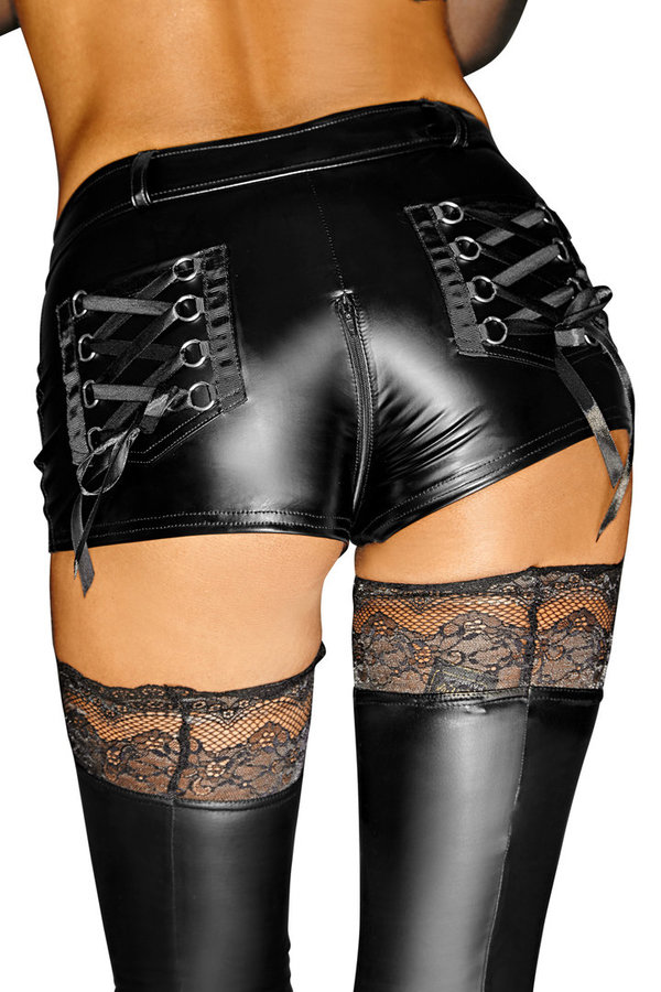 Noir Handmade F138 - Schwarze Wetlook Shorts Hotpants - Diva Collection