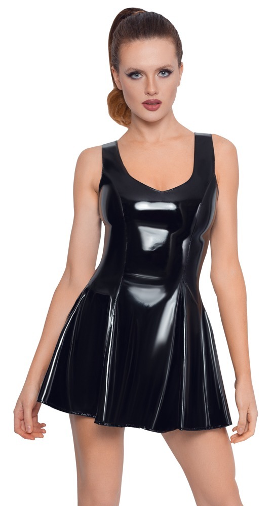 Kurzes ärmelloses Kleid aus Lack mit ausgestelltem Röckchen - Black Level